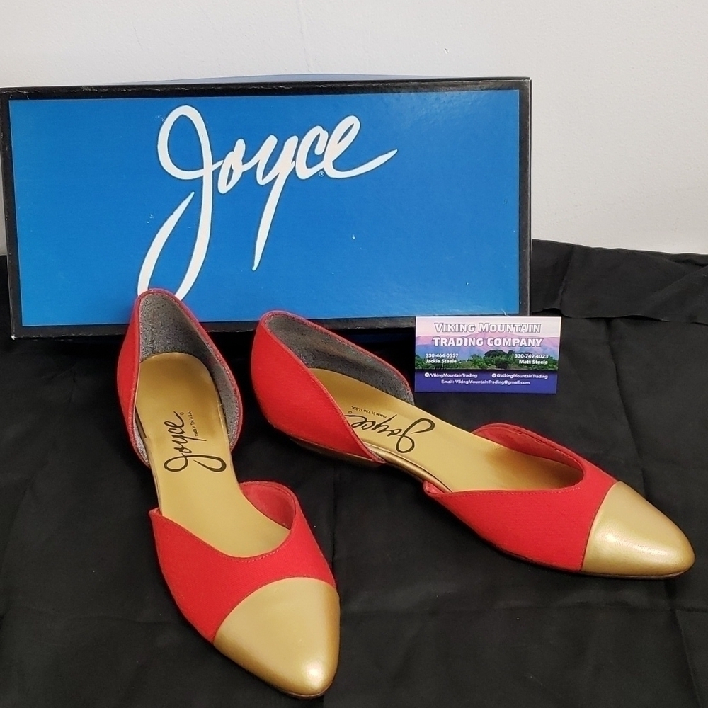 VINTAGE Joyce Smiley Flats Red Linen & Gold Metallic Upper USA made in Box EUC